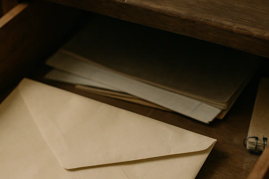A close-up of a wooden drawer containing beige envelopes and stacked paper documents, with one large envelope partially sticking out onto the drawer’s edge. A metal binder clip is visible to the right.
