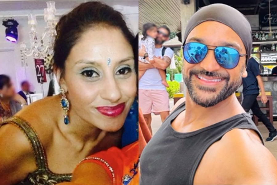 Split image showing two people. On the left, a woman wearing a traditional Indian outfit with a bindi, chandelier earrings, and bright makeup smiles while leaning in at an event. On the right, a man in a sleeveless black top and headwrap smiles at the camera outdoors, wearing reflective blue sunglasses, with a man holding a child blurred in the background.