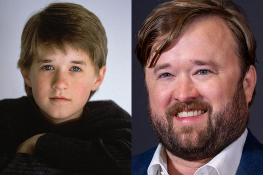Side-by-side image of a boy and a man. On the left, a young boy with straight light brown hair and blue eyes rests his arms on a surface, gazing calmly at the camera. On the right, an adult man with a beard, styled light brown hair, and blue eyes smiles while wearing a suit jacket and white shirt.