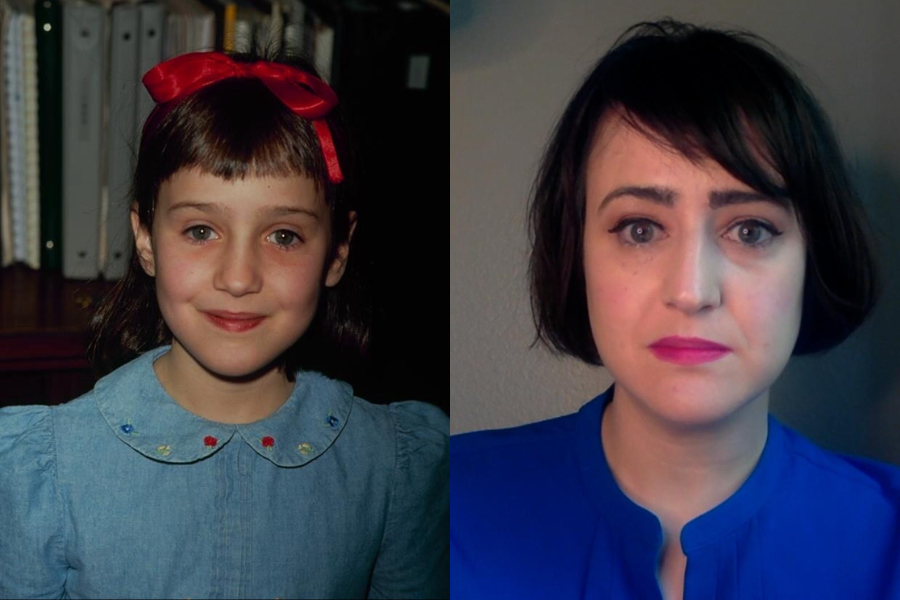 Side-by-side image of a girl and a woman. On the left, a young girl with short dark hair and bangs wears a denim dress with a red bow headband and smiles gently at the camera. On the right, an adult woman with a short dark bob and pink lipstick looks at the camera with a neutral expression, wearing a bright blue top against a plain wall.