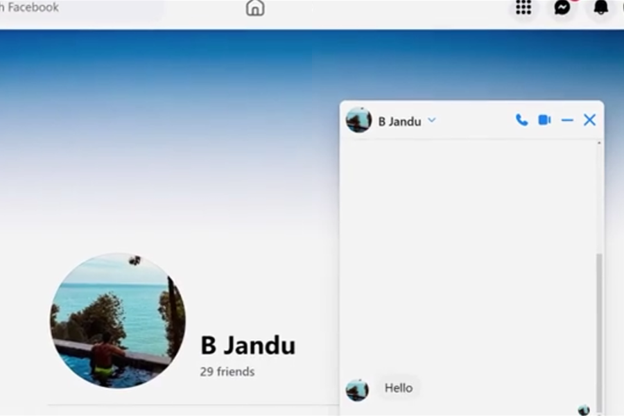  A Facebook profile for "B Jandu" is shown with a profile picture of someone in a pool facing the ocean, and a chat window open on the right where B Jandu has sent a message saying "Hello." The profile lists 29 friends.