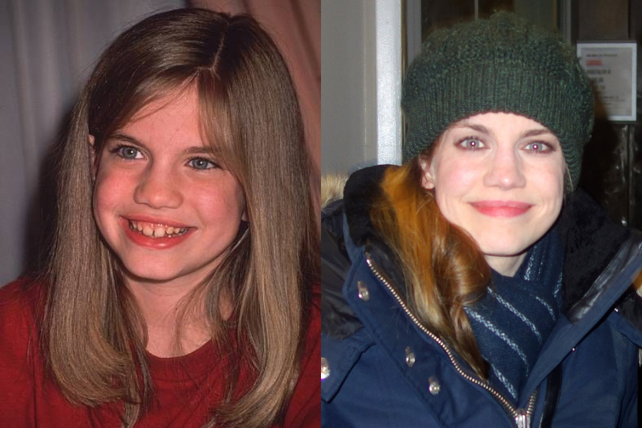 Side-by-side image of a girl and a woman. On the left, a smiling young girl with long straight blonde hair and visible gap teeth wears a red top. On the right, an adult woman with long hair partially tucked into a green knit hat and bundled in a winter coat and scarf smiles at the camera outdoors.