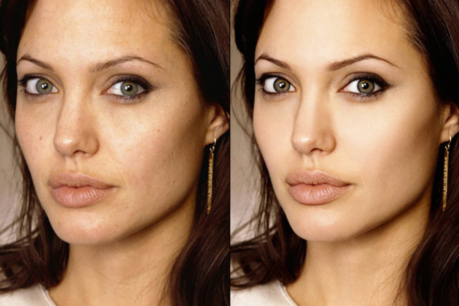 Side-by-side close-up portraits of a woman with light green eyes, full lips, and long dark hair wearing dangling earrings. The left image shows natural skin texture with visible freckles and blemishes, while the right image features a flawless, airbrushed complexion with enhanced contrast.