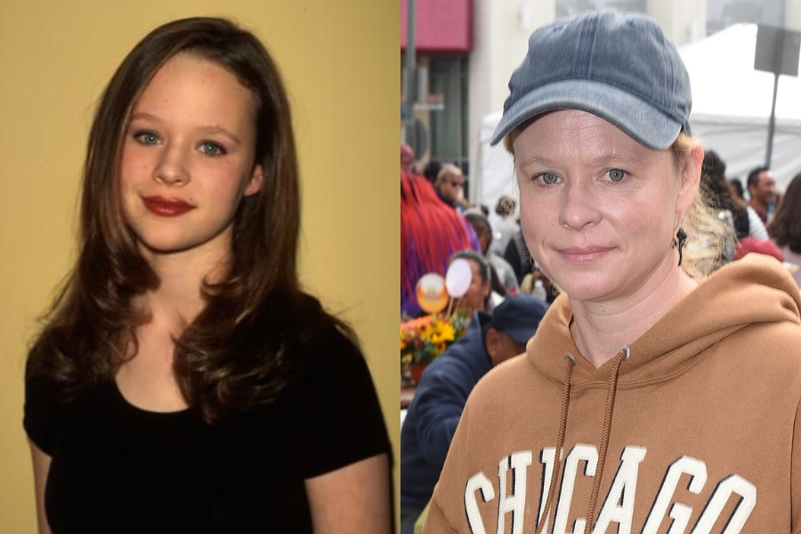 Side-by-side image of a girl and a woman. On the left, a young girl with long, wavy brown hair and red lipstick wears a black top and smiles slightly against a plain yellow background. On the right, an adult woman wearing a brown hoodie with "Chicago" printed on it and a blue baseball cap looks at the camera at an outdoor event.