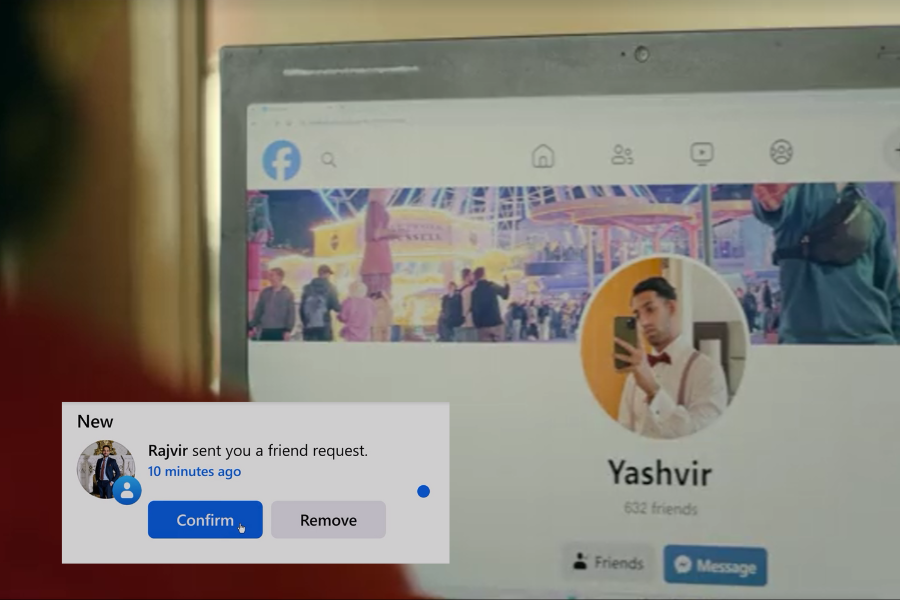 A computer screen displays the Facebook profile of a user named Yashvir, who has 632 friends. A notification pop-up in the corner shows that someone named Rajvir sent a friend request 10 minutes ago, with options to "Confirm" or "Remove" the request.