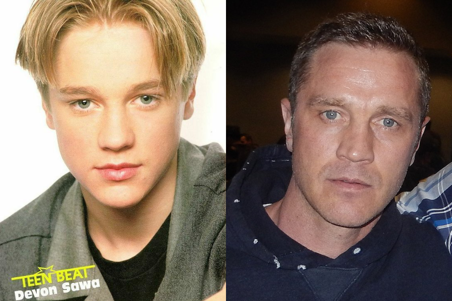 Side-by-side image of a boy and a man. On the left, a young boy with parted blonde hair and blue eyes poses for a professional photo, with "Teen Beat Devon Sawa" text at the bottom. On the right, an adult man with short brown hair and blue eyes wears a dark hoodie, looking at the camera in an indoor setting.