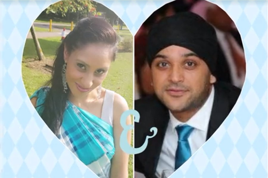 A heart-shaped collage features a woman in a blue plaid sari on the left and a man in a turban and suit with a blue tie on the right, both framed against a light blue diamond-patterned background with an ampersand symbol between them.