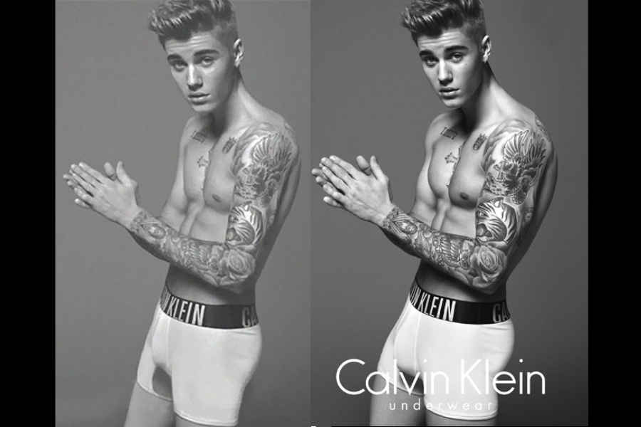 Side-by-side black and white photos of a shirtless man wearing Calvin Klein underwear, showing detailed arm tattoos. The left image depicts a leaner physique with less muscle definition, while the right image is a retouched version with enhanced muscles, broader shoulders, and more defined abs.