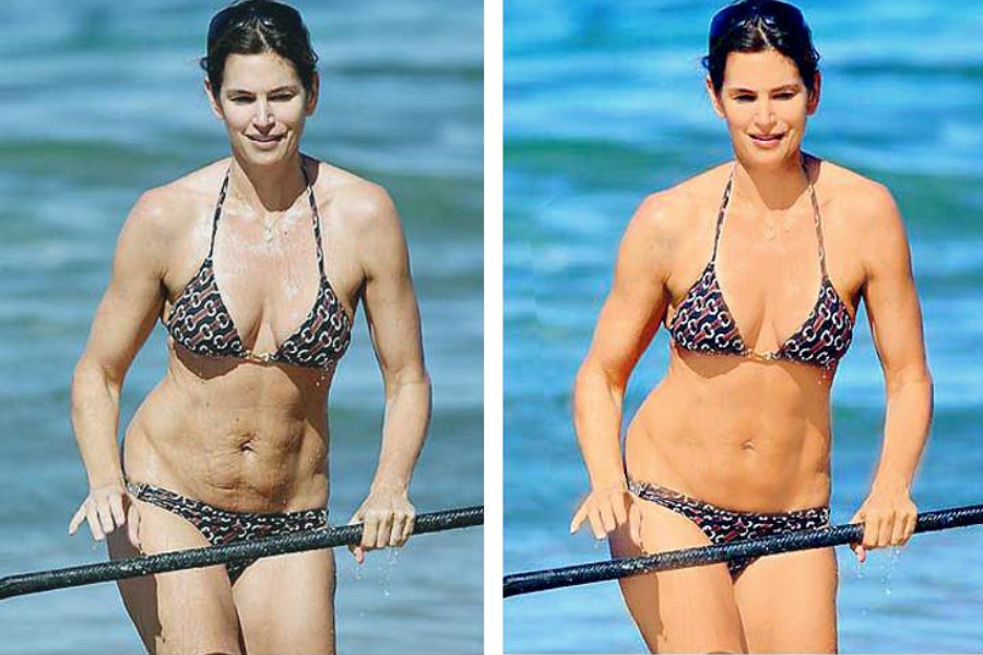 Side-by-side images of a woman emerging from the ocean wearing a patterned bikini, holding onto a black pole. The left image shows a natural look with visible skin texture and loose skin on the abdomen, while the right image is retouched with smoother skin, a toned stomach, and an even complexion.